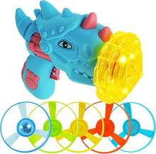 Boxgear Dinosaur Flying Disc Launcher Toy with Saucer Gun Launcher and 5 Spinning Disks + 1 LED Top Kids Toy &Cat Fetch Parachute, Interactive Stimulation (Blue-Pink)