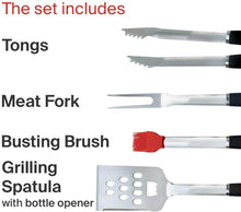 Barbecue Grill Tool Set – BBQ Spatula – Basting Brush, Fork, and Tongs